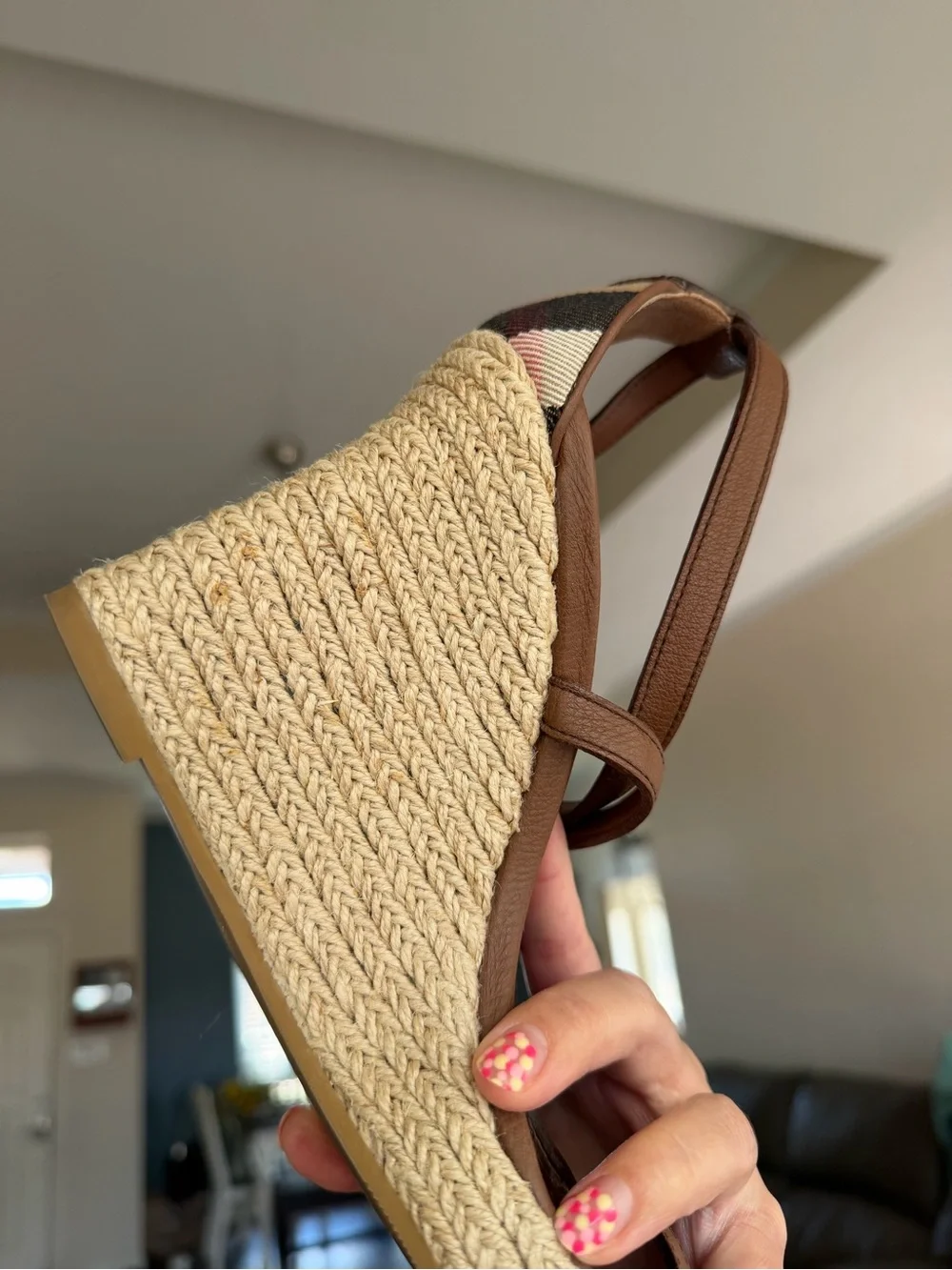 Burberry Brown Leather And Rope Espadrille Wedge Sandals House Check